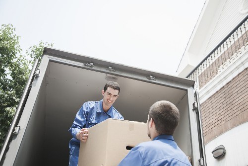 Packed office equipment ready for relocation in East London