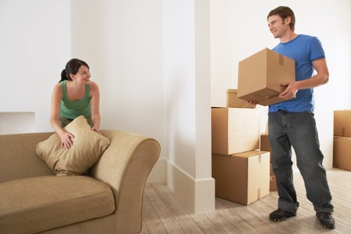 Office move planning with labelled boxes and furniture in Walthamstow